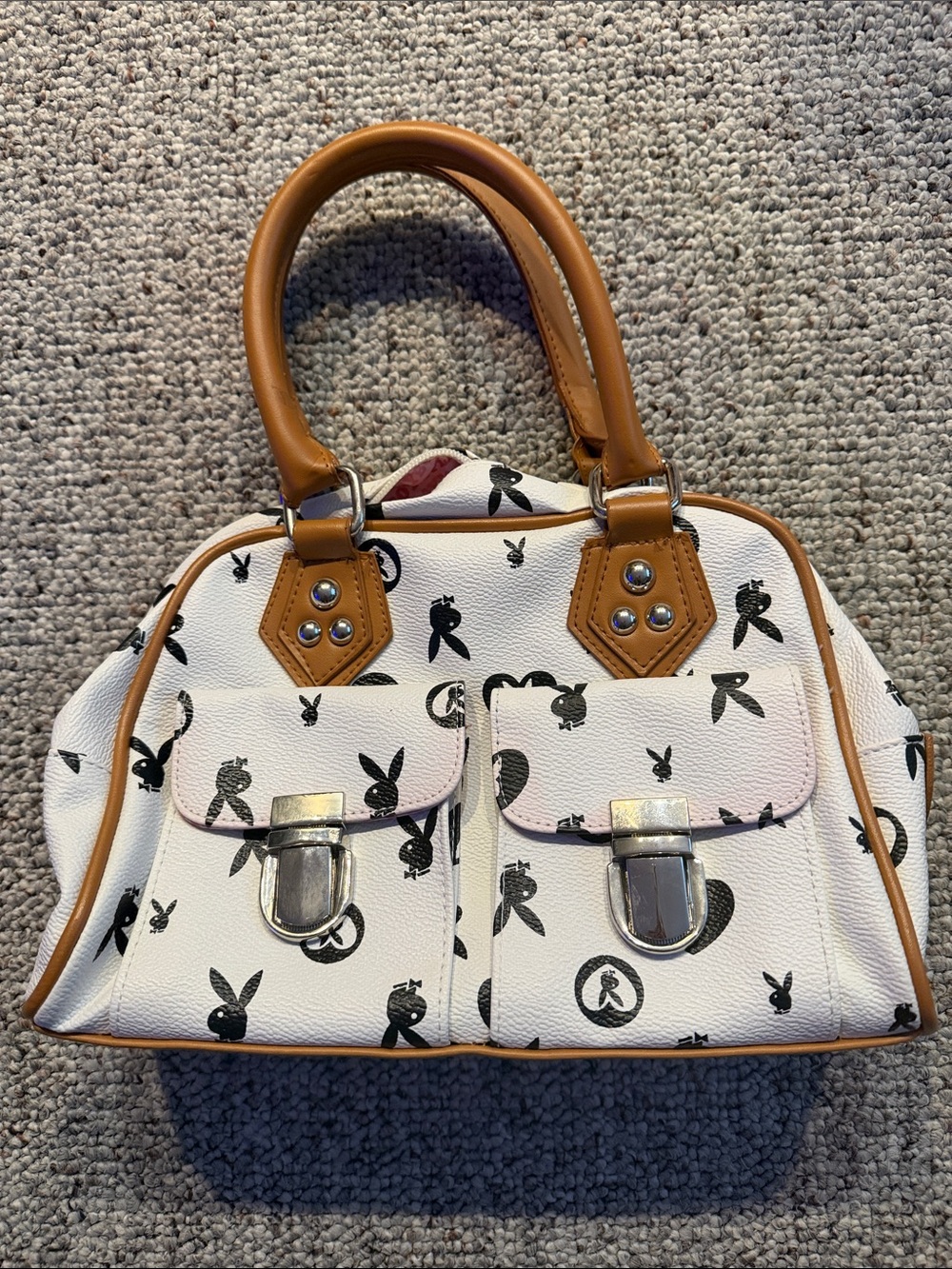 Playboy Monogram White and Black Printed Satchel Handbag